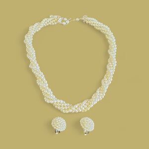 Vintage Monet 5 Strand Faux Pearl Twisted Necklace & Clip on Earrings Gl…